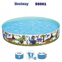 Басейн детски, кръгъл, твърд борд, 244x46 см, Bestway 55001 Dinosaur Fill'N Fun
