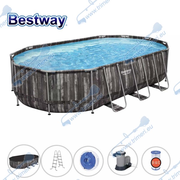 Басейн с мет. конструкция Bestway 5611R Power Steel, 610x366x122см, с филтър, стълба, покривало и диспенсър