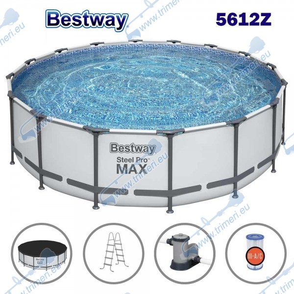 Басейн с мет. конструкция, Bestway 5612Z Steel Pro Max, 488x122см, с филтърна помпа, стълба и покривало
