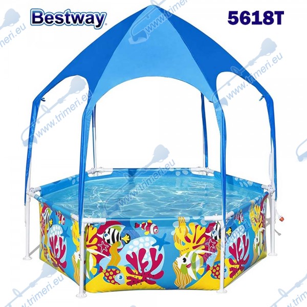 Басейн с метална конструкция, сенник, детски, 183x51см, Bestway 5618T Steel Pro