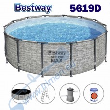 Басейн с метална конструкция, шарка камък, 427x122см, Bestway 5619D Steel Pro Max, с филтърна помпа, стълба и покривало