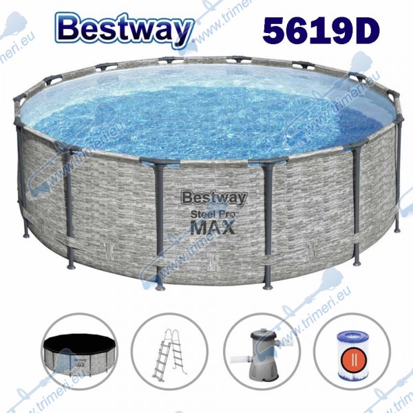 Басейн с метална конструкция, шарка камък, 427x122см, Bestway 5619D Steel Pro Max, с филтърна помпа, стълба и покривало