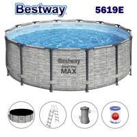 Басейн с метална конструкция, шарка камък, 488x122см, Bestway 5619E Steel Pro Max, с филтърна помпа, стълба и покривало