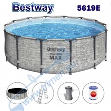 Басейн с метална конструкция, шарка камък, 488x122см, Bestway 5619E Steel Pro Max, с филтърна помпа, стълба и покривало