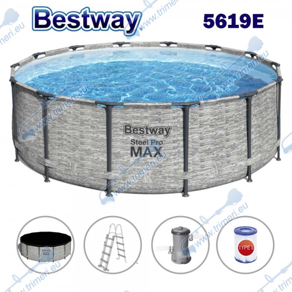 Басейн с метална конструкция, шарка камък, 488x122см, Bestway 5619E Steel Pro Max, с филтърна помпа, стълба и покривало
