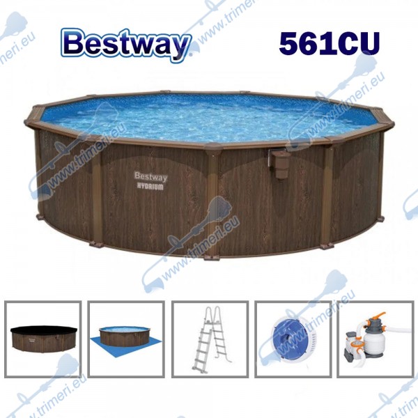 Басейн с мет. конструкция, Bestway 561CU Hydrium, 490x130см, с филтърна помпа, стълба, подложка, покривало и диспенсър