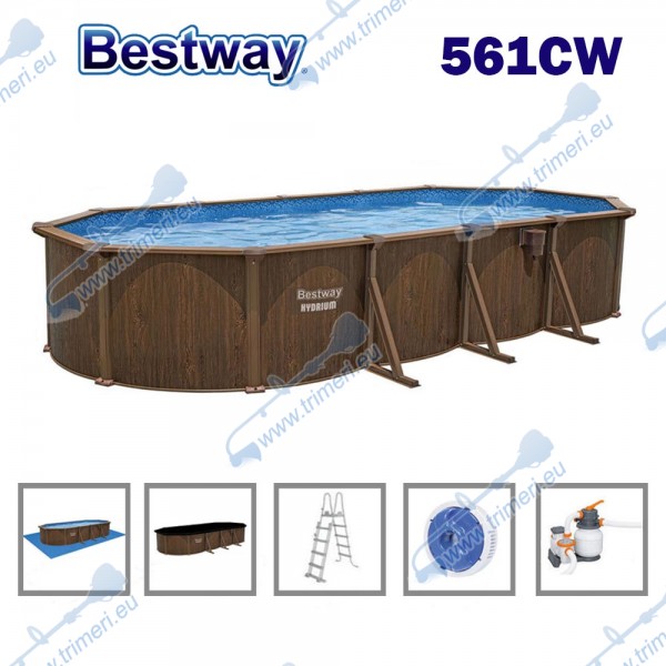 Басейн с метална конструкция, овален, Bestway 561CW Hydrium, 730x360x130см, с филтърна помпа, стълба, подложка, покривало и диспенсър