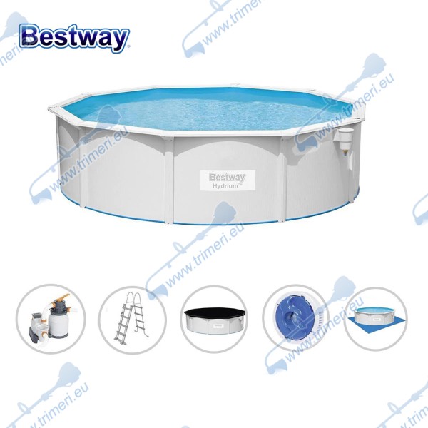 Басейн с твърди страни и конструкция Bestway 56384 Hydrium, 460x120см, с филтър, стълба, подложка, покривало и диспенсър