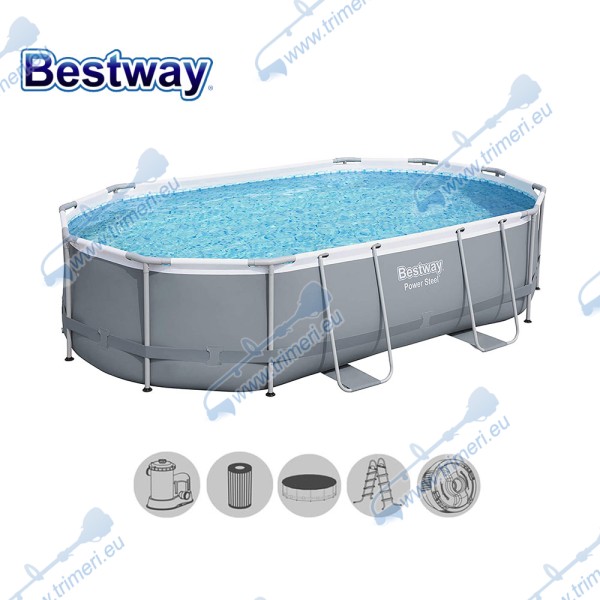 Басейн с мет. конструкция, Bestway 56448 Power Steel, 488x305x107см, с филтър, стълба, покривало и диспенсър