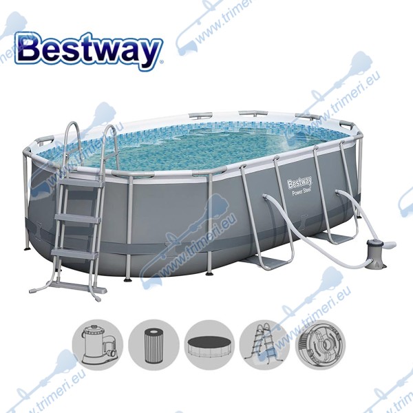 Басейн с мет. конструкция, Bestway 56620 Power Steel Frame Oval, 424x250x100см, с филтър, стълба и диспенсър