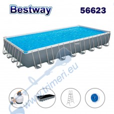Басейн с мет. конструкция Bestway 56623 Power Steel, 956x488x132см, с филтър, стълба, покривало и диспенсър