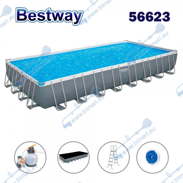 Басейн с мет. конструкция Bestway 56623 Power Steel, 956x488x132см, с филтър, стълба, покривало и диспенсър