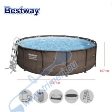 Басейн с мет. конструкция ратан Bestway 56664 Power Steel Deluxe, с филтър, стълба, подложка и покривало, 427x107см