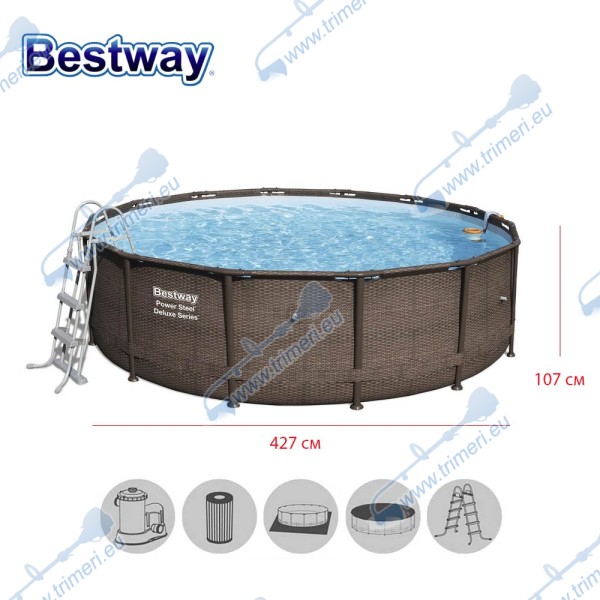 Басейн с мет. конструкция ратан Bestway 56664 Power Steel Deluxe, с филтър, стълба, подложка и покривало, 427x107см