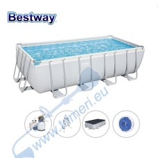 Басейн с мет. конструкция, Bestway 56671 Power Steel, 488x244x122см, с пясъчен филтър, стълба, покривало и диспенсър