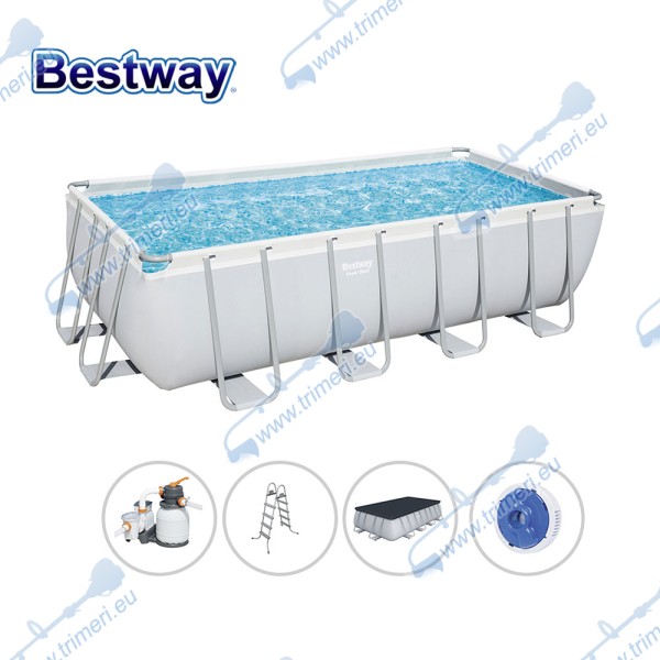 Басейн с мет. конструкция, Bestway 56671 Power Steel, 488x244x122см, с пясъчен филтър, стълба, покривало и диспенсър