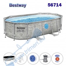 Басейн с конструкция, овал, 427x250x100 см, Bestway 56714 Power Steel Swim Vista Series II, с филтърна помпа, стълба, покривало, дозатор за хлор