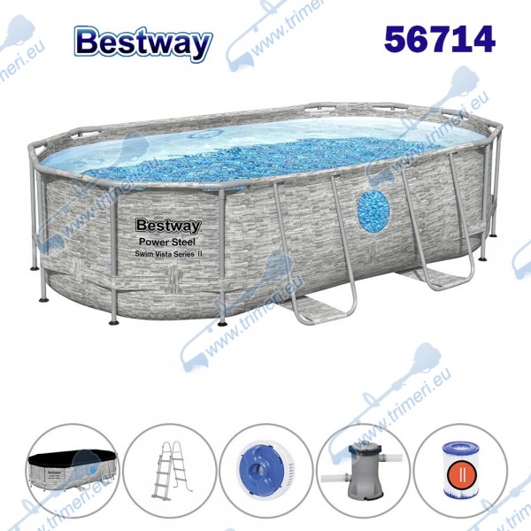Басейн с конструкция, овал, 427x250x100 см, Bestway 56714 Power Steel Swim Vista Series II, с филтърна помпа, стълба, покривало, дозатор за хлор