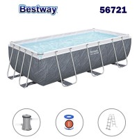 Басейн с конструкция, сглобяем, сив ратан, 404x201x100см, Bestway 56721 Power Steel, с филтърна помпа и стълба