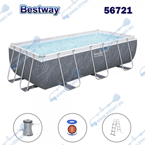 Басейн с конструкция, сглобяем, сив ратан, 404x201x100см, Bestway 56721 Power Steel, с филтърна помпа и стълба