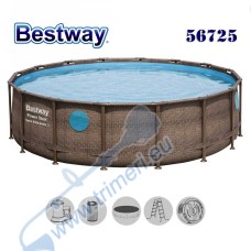 Басейн с мет. конструкция, 488x122см, Bestway 56725 Power Steel, ратан, с филтърна помпа, покривало и диспенсър