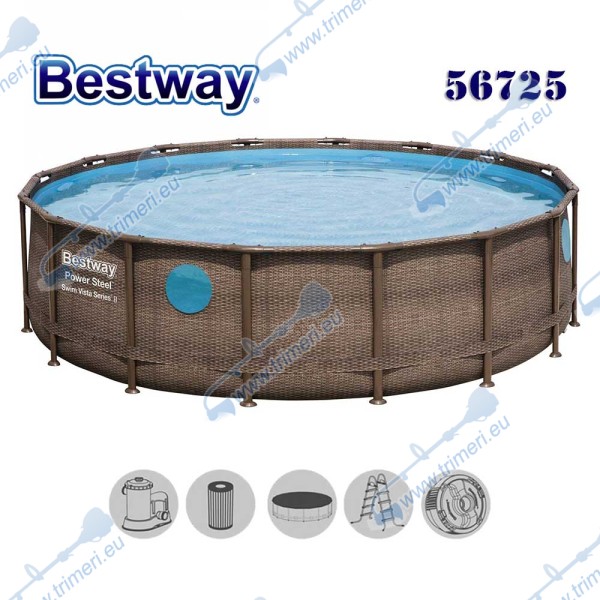Басейн с мет. конструкция, 488x122см, Bestway 56725 Power Steel, ратан, с филтърна помпа, покривало и диспенсър