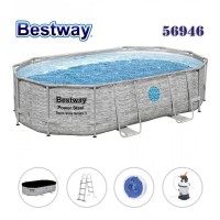 Басейн с мет. конструкция, овал, 488x305x107см, Bestway 56946 Power Steel, сив камък, с филтърна помпа, покривало, стълба и диспенсър