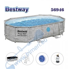 Басейн с мет. конструкция, овал, 488x305x107см, Bestway 56946 Power Steel, сив камък, с филтърна помпа, покривало, стълба и диспенсър