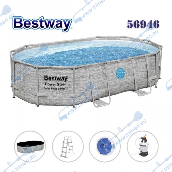 Басейн с мет. конструкция, овал, 488x305x107см, Bestway 56946 Power Steel, сив камък, с филтърна помпа, покривало, стълба и диспенсър