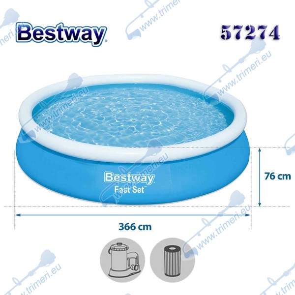 Басейн с надуваем ринг и филтърна помпа, 366x76см, Bestway 57274 Fast Set