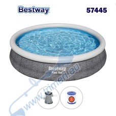 Басейн с надуваем ринг, сив ратан, семеен, 366x76см, Bestway 57445 Fast Set, с филтърна помпа