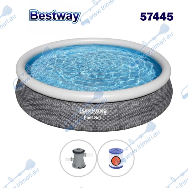 Басейн с надуваем ринг, сив ратан, семеен, 366x76см, Bestway 57445 Fast Set, с филтърна помпа