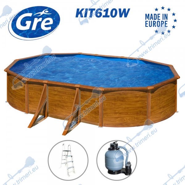 Басейн с твърди стени, овален, 610x375x120см, имитация на дърво, GRE KIT610W, с филтърна помпа, стълба, скимер