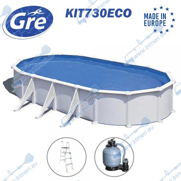 Басейн с твърди стени, овален, 730x375x120 см, бял, GRE KIT730ECO Fidji, с филтърна помпа, стълба, скимер