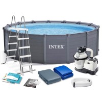 Басейн с твърди страници и конструкция, 478х124см, INTEX 26384NP GRAPHITE GRAY PANELTM, с филтърна помпа, стълба, покривало