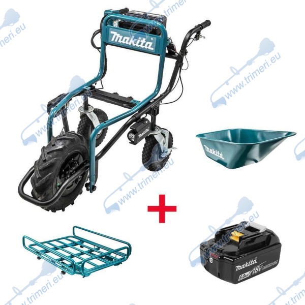 Акумулаторна транспортна количка Makita DCU180Z с платформа, кош и батерия 18V, 1x6Ah