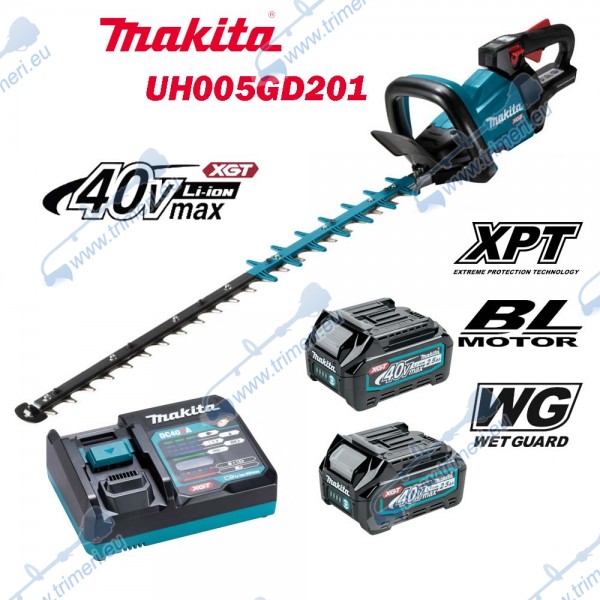 Акумулаторен храсторез / ножица за жив плет, Makita UH005GD201, 40V, 2x2.5Ah, XGT, 750 мм дължина на ножа, 23.5 мм ширина на рязане