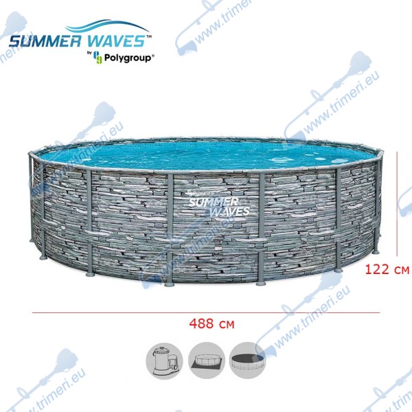 Басейн с мет. конструкция Polygroup Summer Waves Elite Frame, с имитация на сив камък, 488x122см