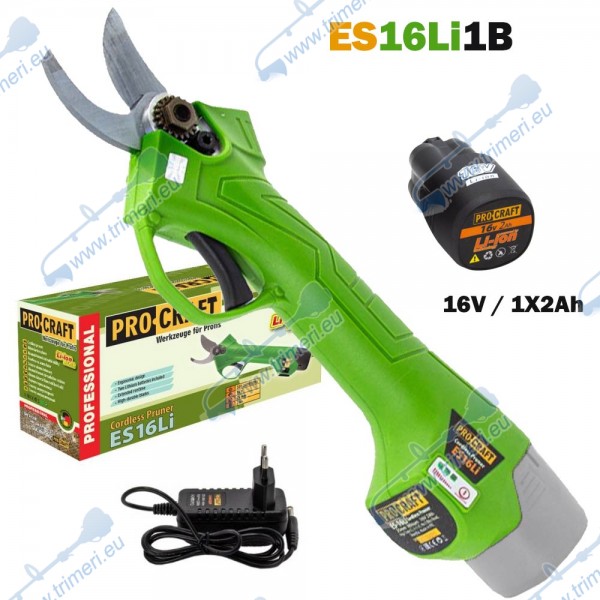 Акумулаторна лозарска ножица PROCRAFT ES16Li1B, 16V, 2Ah, 25 мм, безчетков мотор