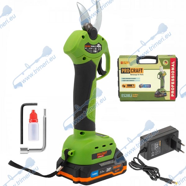 Акумулаторна лозарска ножица PROCRAFT ES28Li, 20V, 2Аh, 10-25 мм, безчетков мотор