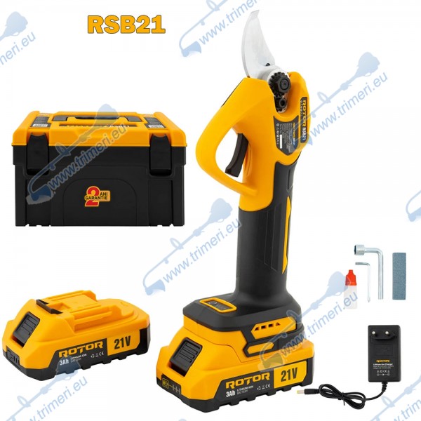 Акумулаторна лозарска ножица ROTOR RSB21, 21V, 2x3Ah, 25 мм, безчетков мотор